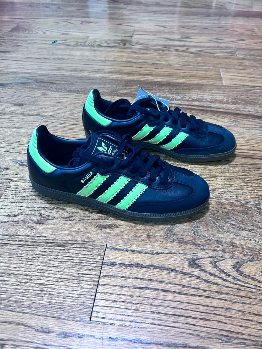 Adidas Black Sambas with Neon Green Stripes